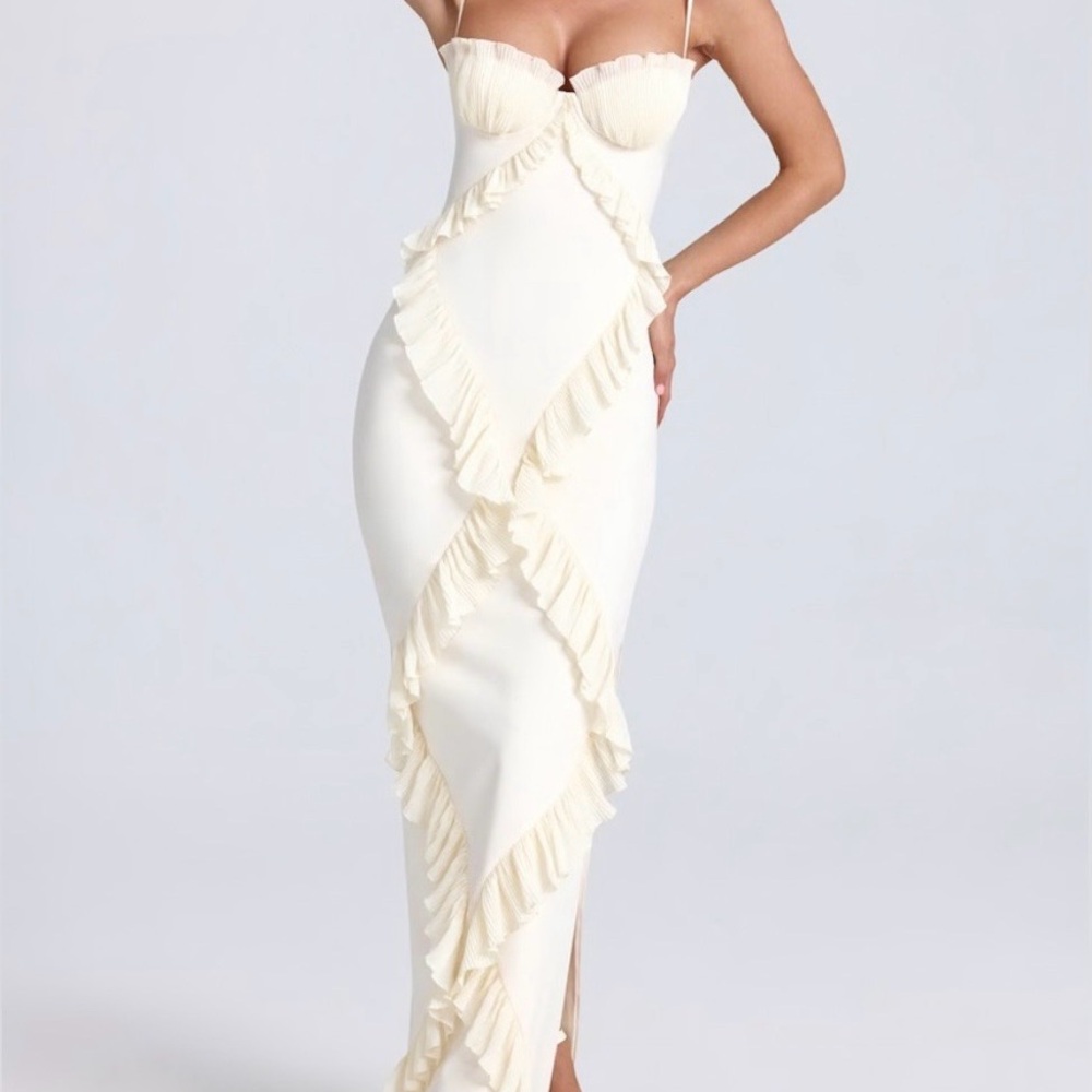 Oh Polly Plissé Ivory Ruffle Maxi Dress